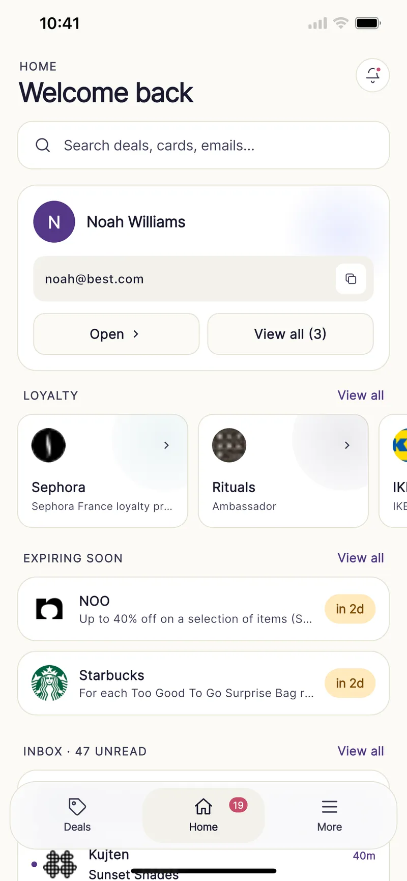 Unward home screen showing your active persona, loyalty cards, and expiring deals