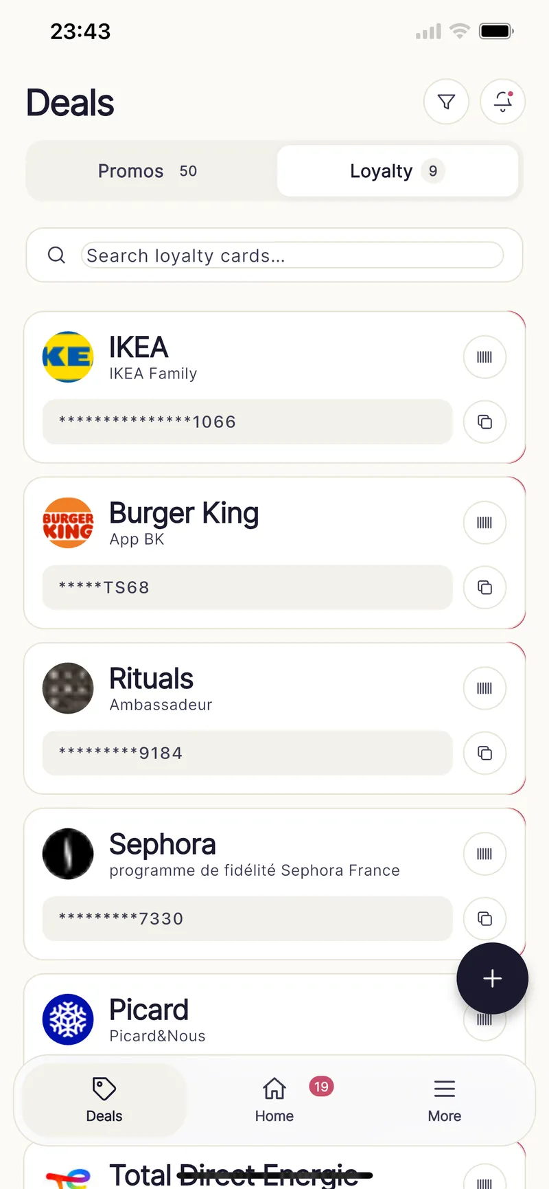 Deals screen with the Loyalty tab open, showing IKEA Family, Burger King, Rituals, and Sephora cards