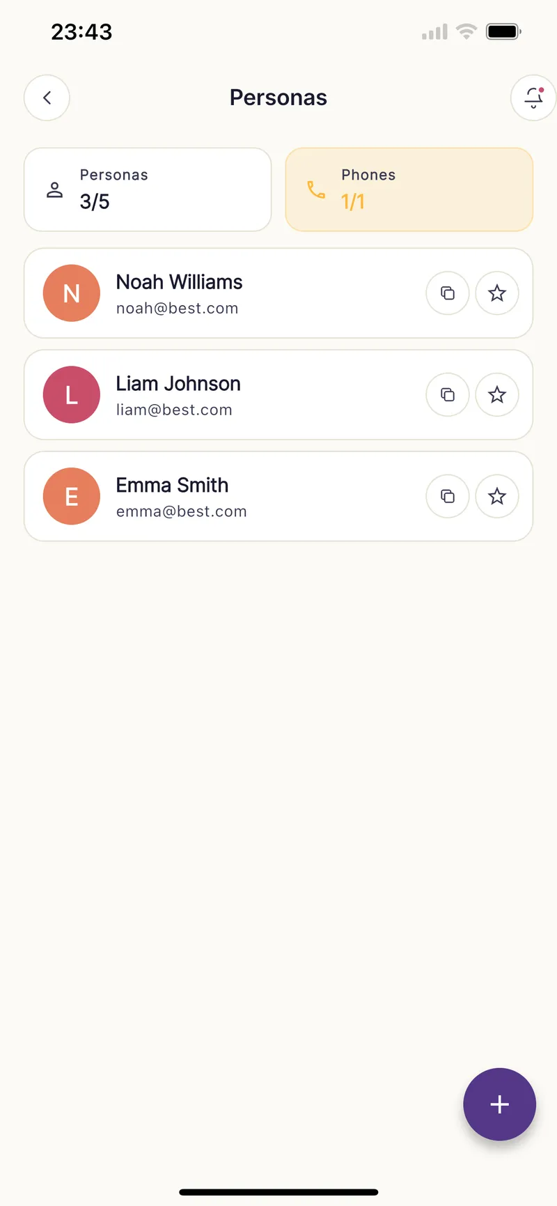Personas screen showing three generated personas with email aliases